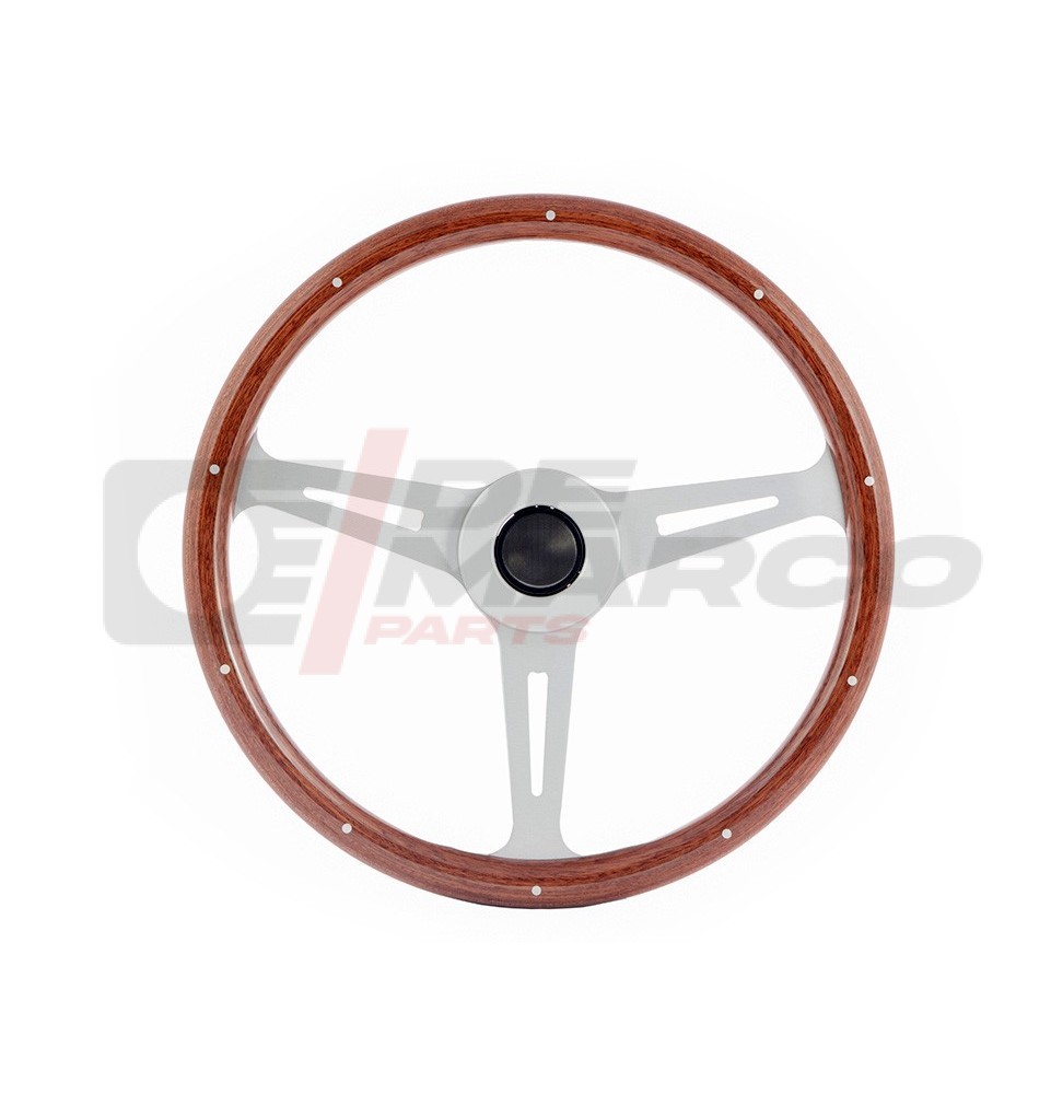 Steering wheel in mogano wood and spoke anodized in silver, suitable for vintage Renault, Volkswagen and Citroen vehicles