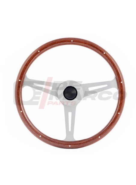 Steering wheel in mogano wood and spoke anodized in silver, suitable for vintage Renault, Volkswagen and Citroen vehicles